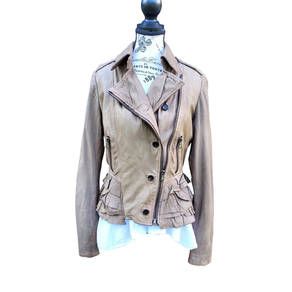 Kenna-T Womens Y2K Taupe Leather Peplum Ruffle Moto Jacket Size M Brown Biker